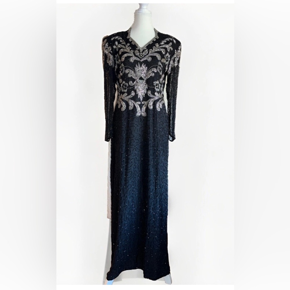 Vintage 80’s RIGHT CHOICE  Black Silver 100%Silk Beads & Sequins Evening Dress L